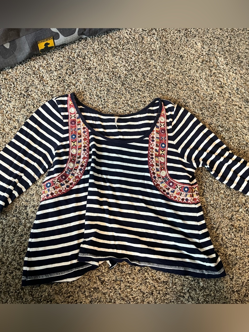 Free People Navy and White Striped Embroidered Blouse